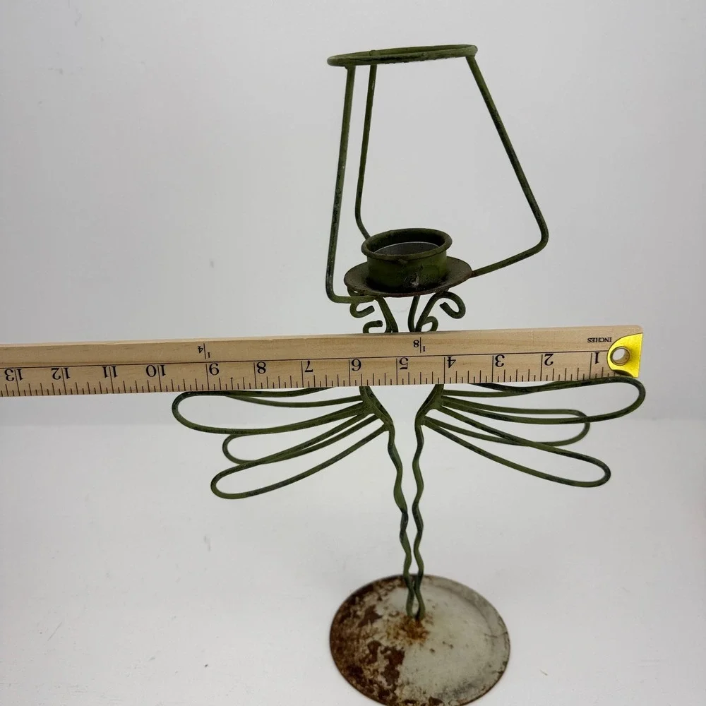Vintage‎ Green Metal Wire Dragonfly Candle Holder Rustic Garden Decor 14.5 Inch